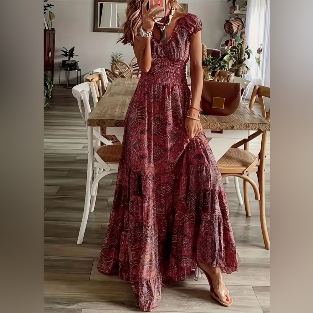 Elegant New Paisley Maxi Dress in Burgundy